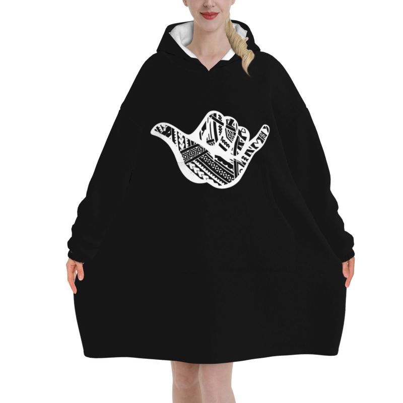 Sherpa Hoodie Fleece - Polynesian Tattoo Shaka Tribal Print Blanket