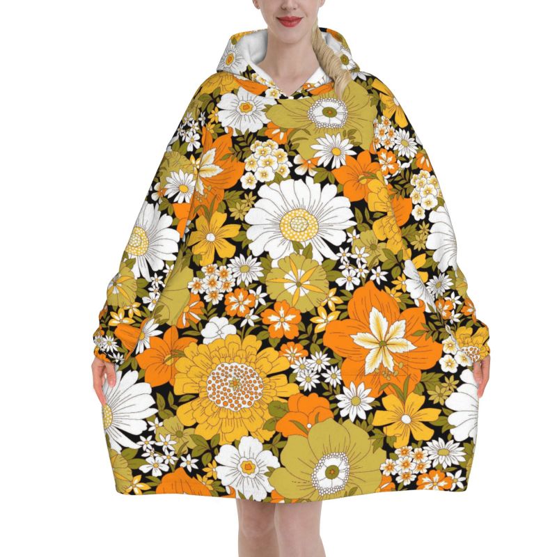 Sherpa Hoodie Fleece - Hippie Flower Floral Retro Blanket Hoodie