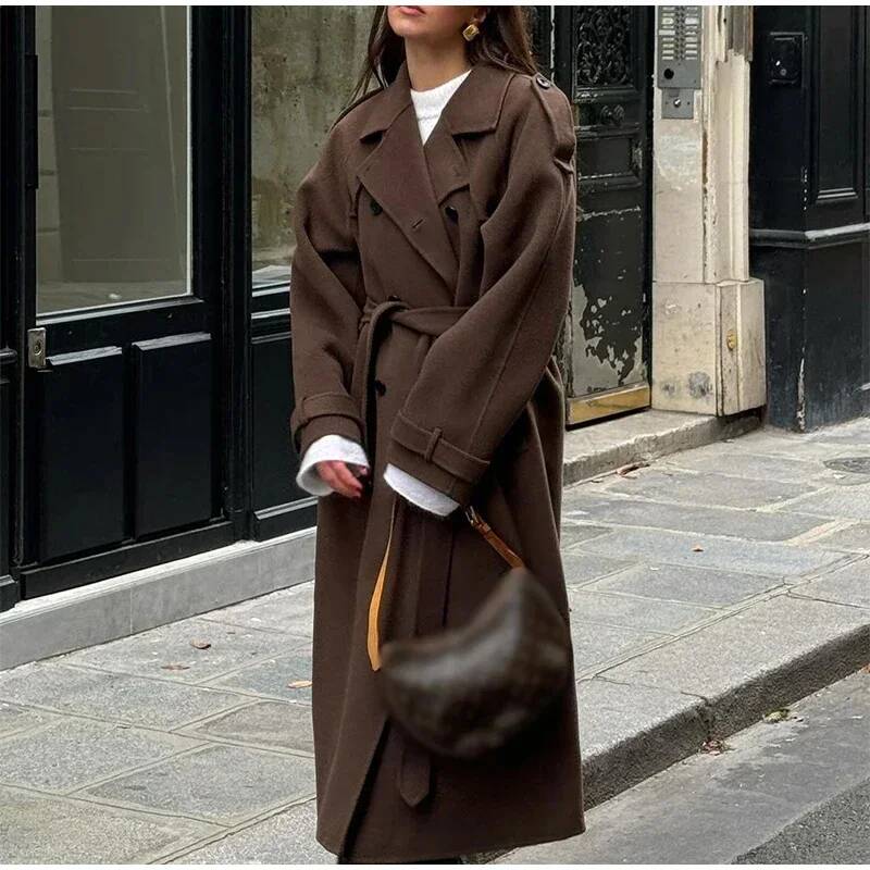 Wool Coat Peacoat - Elegant Grey Belt Long Faux Wollen