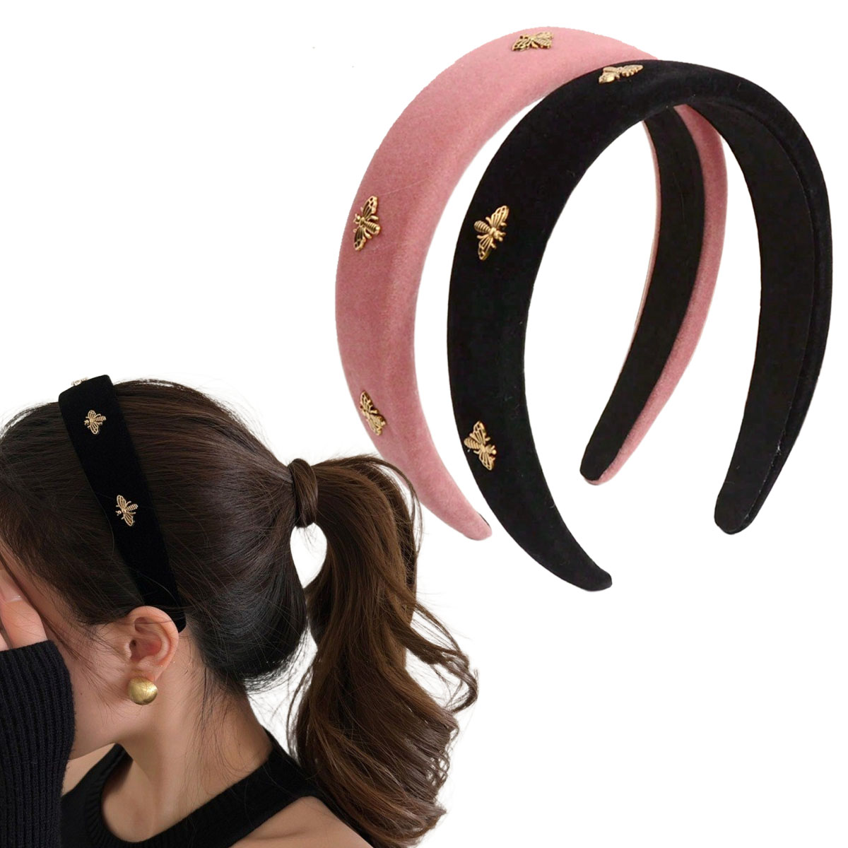 Winter Headband Fleece - Little Bee Black Velvet Headband for