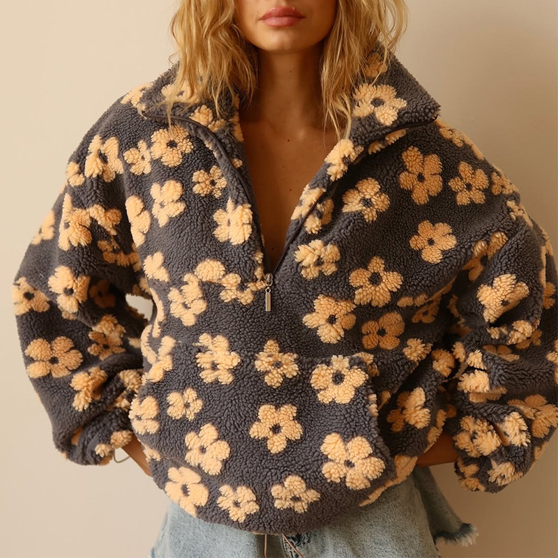 Floral Sherpa Half Zip Pullove - Sherpa Hoodie Fleece 评论和价格