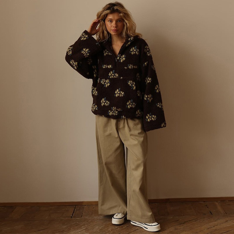 Floral Sherpa Half Zip Pullove - Sherpa Hoodie Fleece 评论和价格