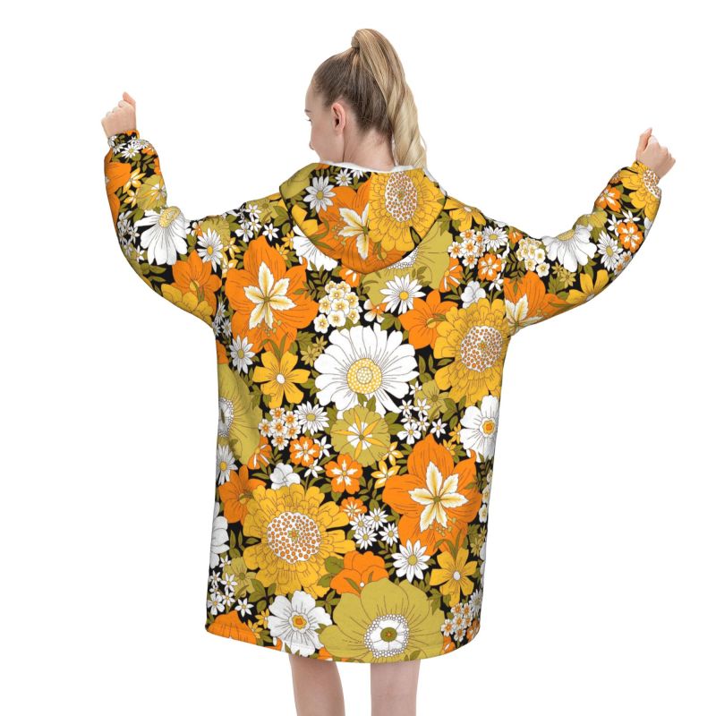 Hippie Flower Floral Retro Bla - Sherpa Hoodie Fleece 评论和价格