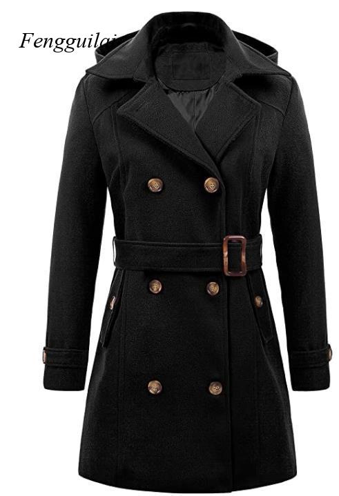 Women's Black Hooded Double Br - Wool Coat Peacoat 评论和价格