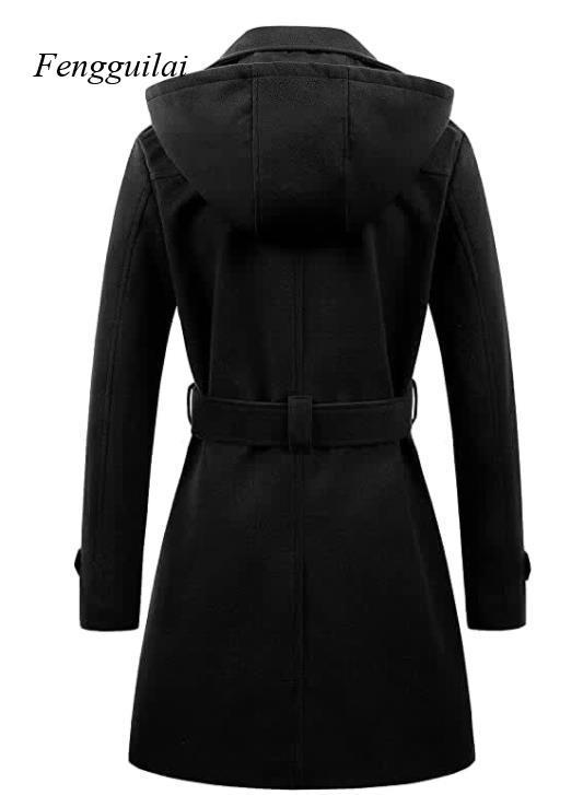 Women's Black Hooded Double Br - Wool Coat Peacoat 评论和价格