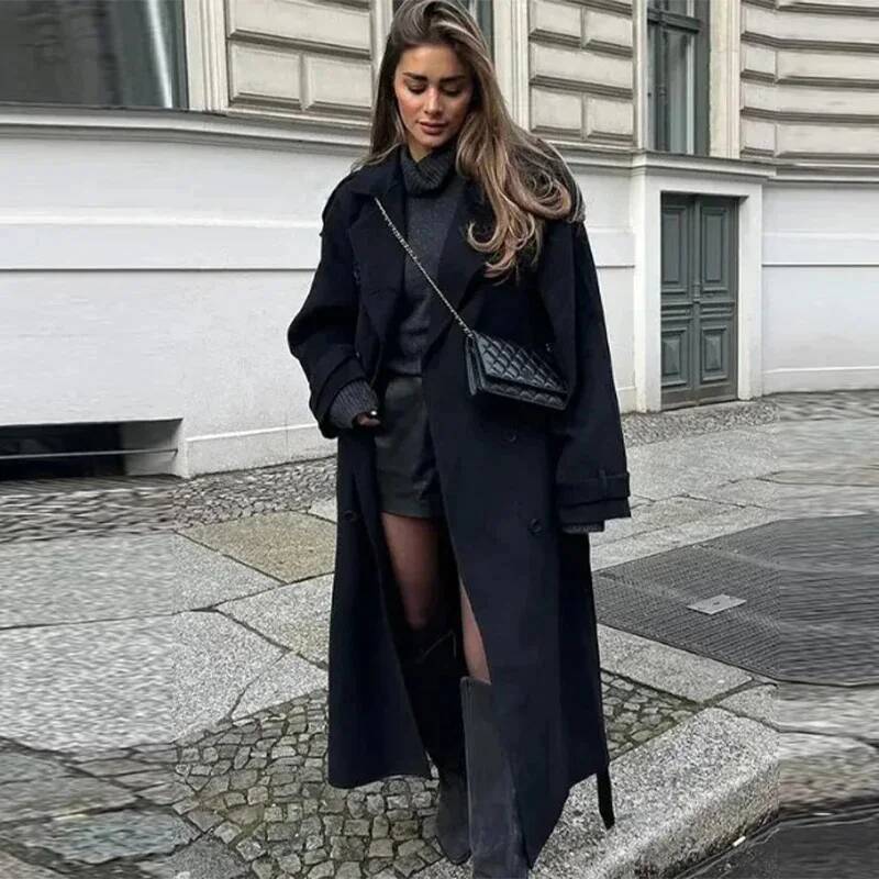 Elegant Grey Belt Long Faux Wo - Wool Coat Peacoat 评论和价格