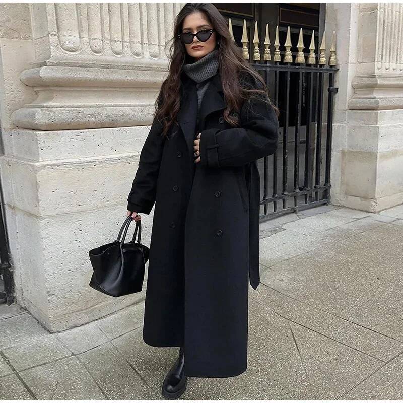 Elegant Grey Belt Long Faux Wo - Wool Coat Peacoat 评论和价格